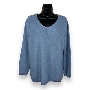 Large Collection L Blue Cotton Blend Knit V Neck Sweater Casual Stretch